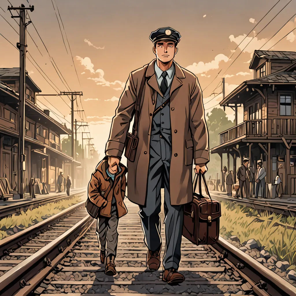 a man and a child walking down a train track with a train on the tracks behind them and a train station in the background, private press, a comic book panel, Edward Otho Cresap Ord, II, graphic novel