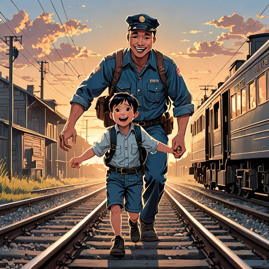 a man and a boy walking on a train track with a train in the background and a train on the tracks, photorealism, poster art, Akira Toriyama, official art