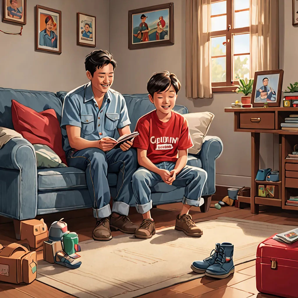 a man and a boy sitting on a couch in a living room together, with a suitcase and a suitcase, american scene painting, a storybook illustration, F Scott Hess, high detail illustration