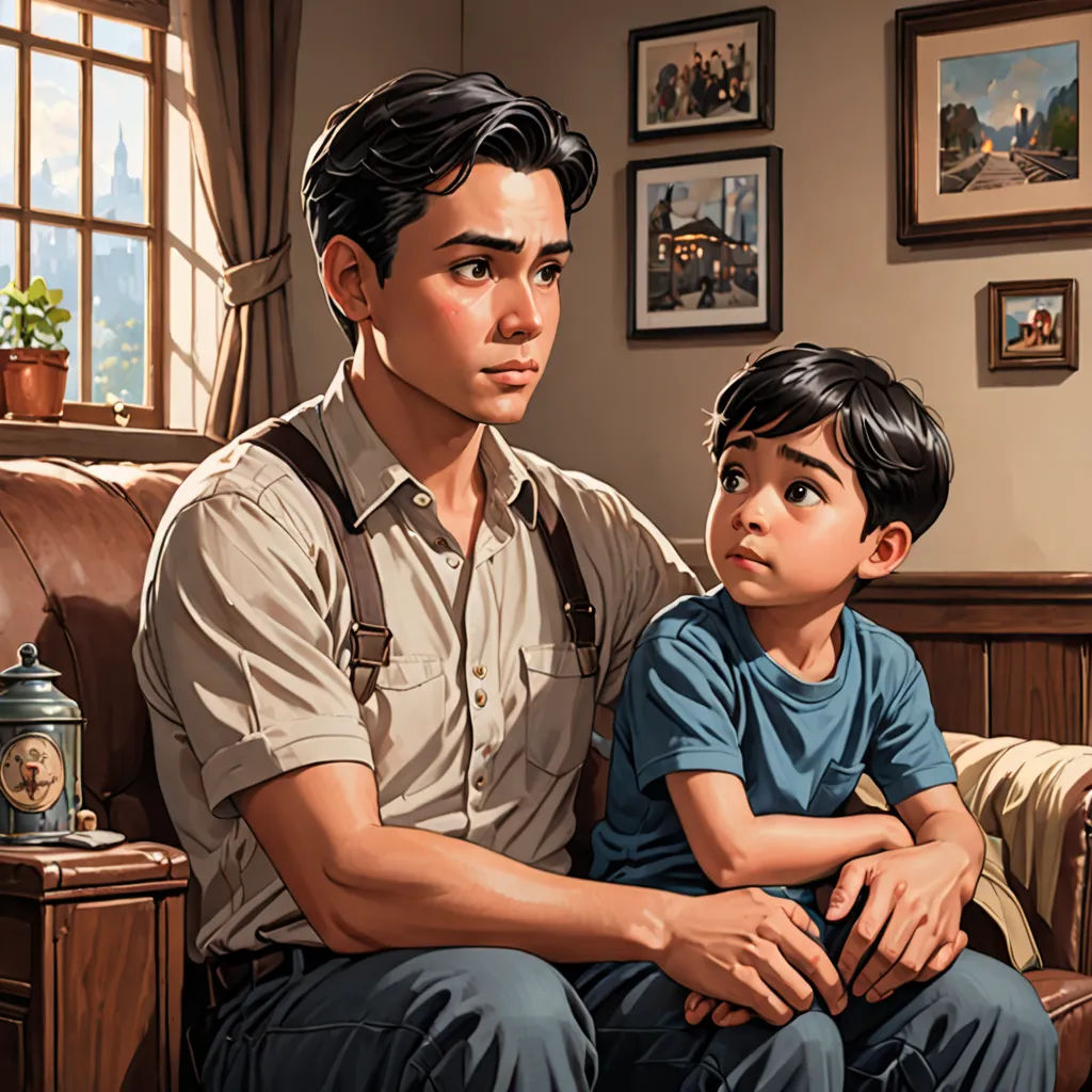 a man and a boy sitting on a couch in a living room with a window behind them and a picture of a building, american scene painting, a storybook illustration, Brothers Hildebrandt, official art