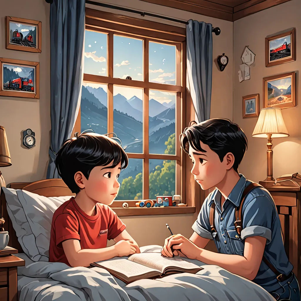 a boy and a girl are sitting in a bed writing in a book and looking out the window at the mountains, american scene painting, a storybook illustration, Brothers Hildebrandt, storybook illustration