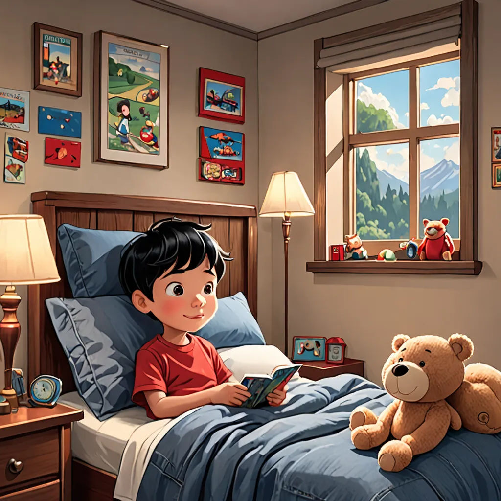 a boy is reading a book in his bed with a teddy bear on the bed and a window with mountains in the background, american scene painting, a storybook illustration, Chris LaBrooy, storybook illustration
