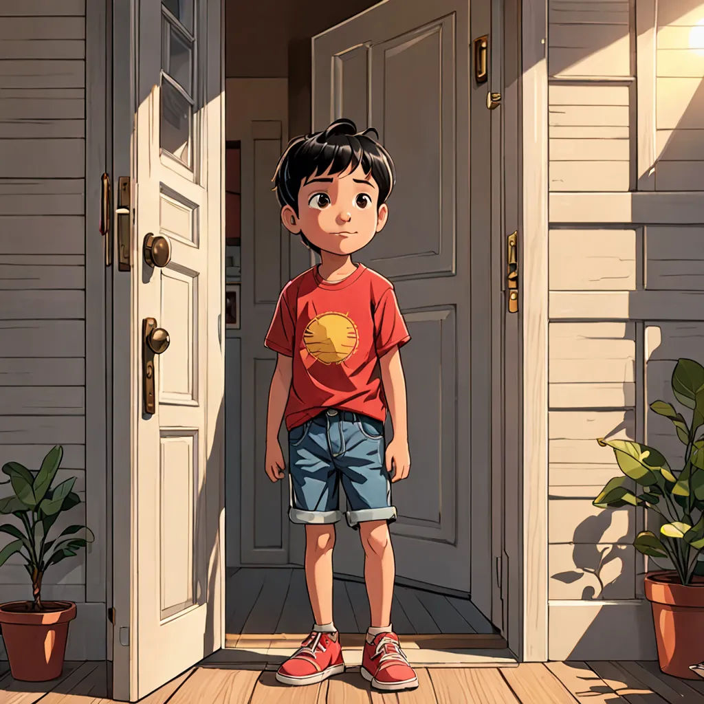 a boy standing in front of a door with a plant in front of him and a potted plant in the background, photorealism, a storybook illustration, Diego Gisbert Llorens, rossdraws global illumination