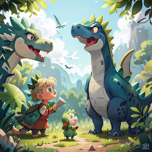 a cartoon of a boy and a dinosaur with a boy holding a sword and another boy with a sword