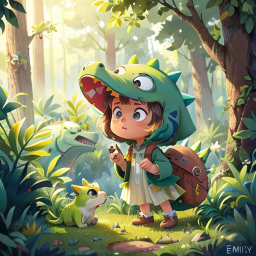 a girl in a green hat and a green dragon costume in a forest with a dog and a frog