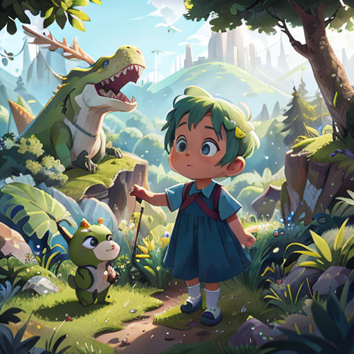 a boy and a girl are standing in the woods with dinosaurs and a dog in front of them,