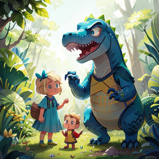 a little girl standing next to a large dinosaur in the forest with a boy and girl standing next to it