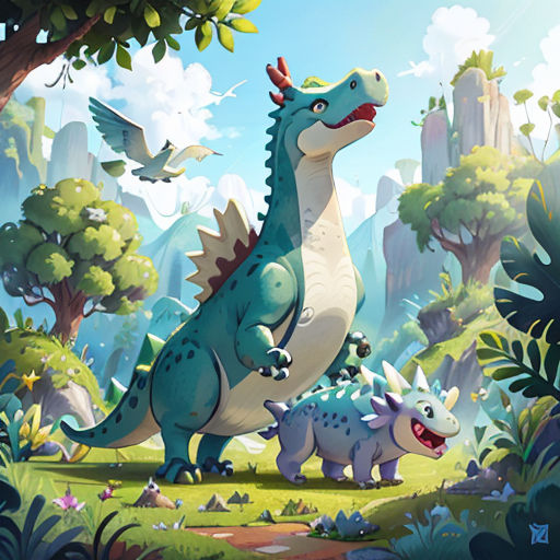 a cartoon dinosaur and its baby in a forest with birds and flowers on a sunny day with a blue sky