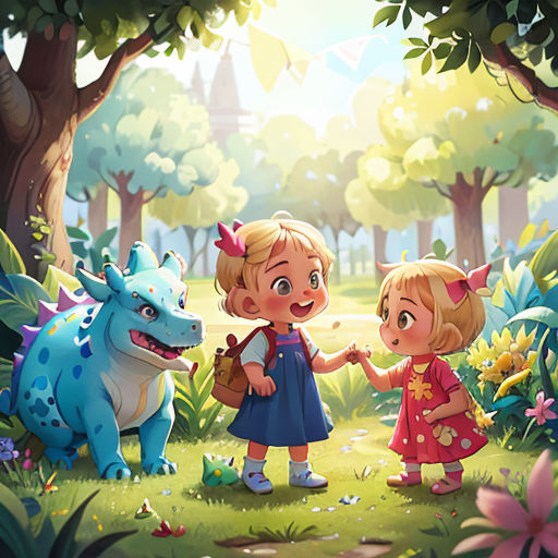 two little girls are standing in the woods with a dragon and a dog in front of them, talking