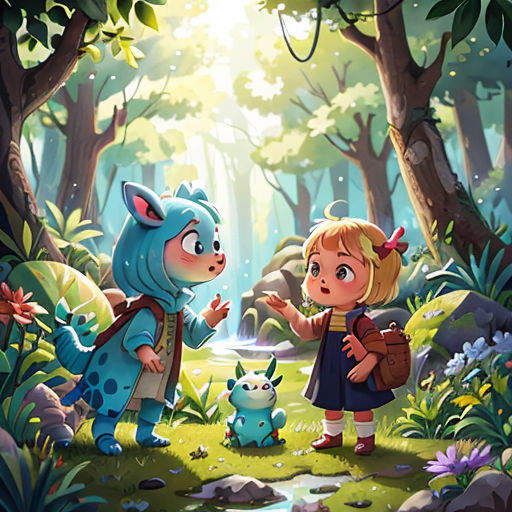 a little girl and a little boy are in the woods with a cat and a dog in front of them