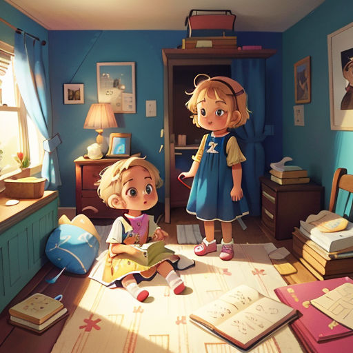 a couple of kids are standing in a room with books on the floor and a bed in the corner