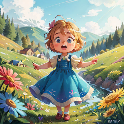 a little girl in a blue dress standing in a field with flowers and a mountain in the background with a sky