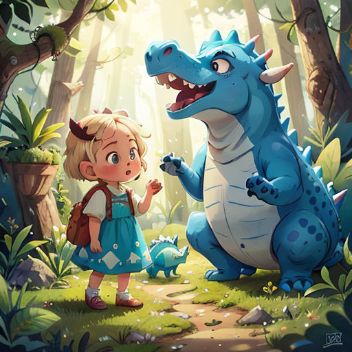 a little girl standing next to a dragon in the forest with a girl looking at it in front of her