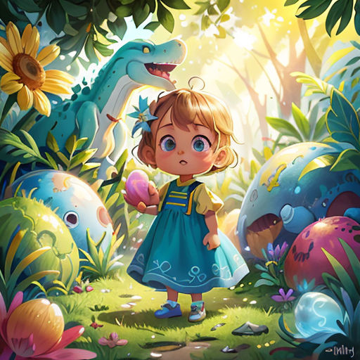 a little girl standing in the middle of a forest with dinosaurs and eggs in her hand and a dinosaur in the background