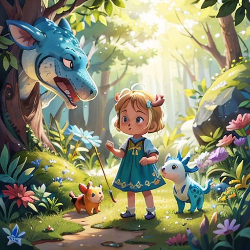 a little girl is standing in the woods with a dragon and a dog in front of her, and a wolf is behind her