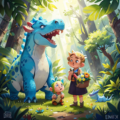 a boy and a girl standing in front of a dinosaur in the forest with a baby girl next to them