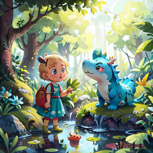 a girl and a dinosaur in a forest with a pond and trees in the background, with a frog and a girl looking at the water