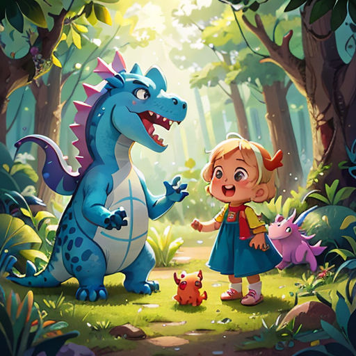 a little girl and a dragon in the forest with a baby dragon in front of them, and a baby dragon in the foreground