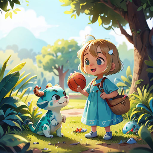 a little girl holding a basketball next to a dog in a forest with a ball in her hand and a basket