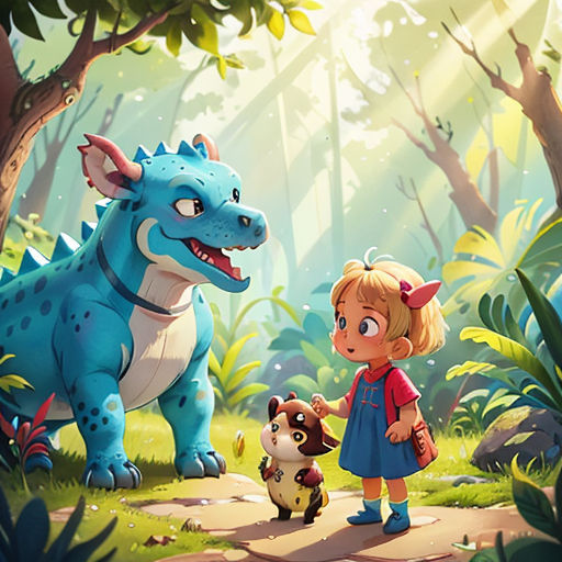 a little girl and a dragon in a forest with a dog and a cat on a leash, and a dog on a leash