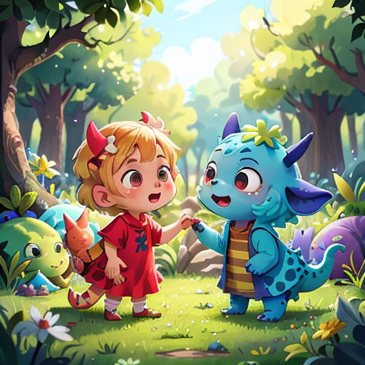 a little girl and a little boy are standing in the woods with a dragon and a dragon on their hands