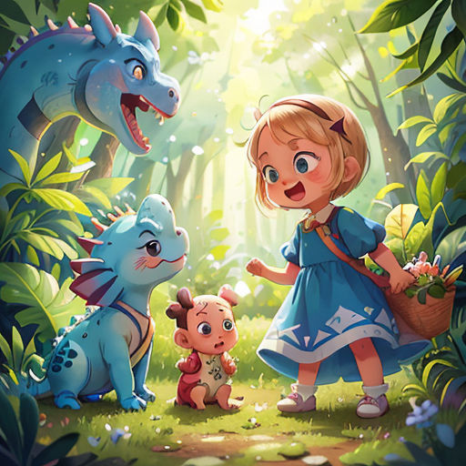 a little girl standing in the middle of a forest with dinosaurs and a baby dragon next to her,