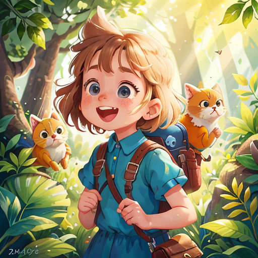 a girl with a backpack and two cats in the forest by a tree with leaves and a cat on her back