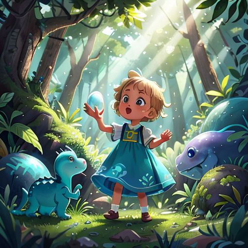 a little girl standing in the middle of a forest with dinosaurs and a light shining on her face and a blue dress