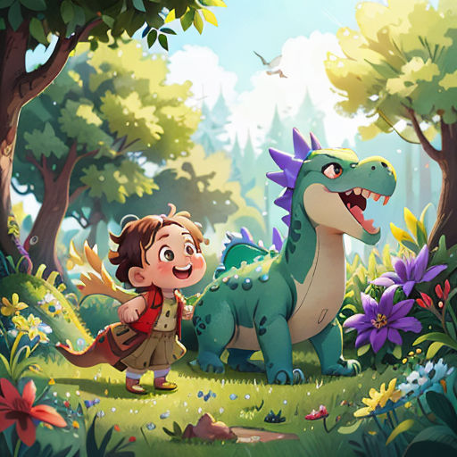 a boy and a dinosaur in a forest with flowers and trees in the background, and a girl with a backpack walking in the foreground
