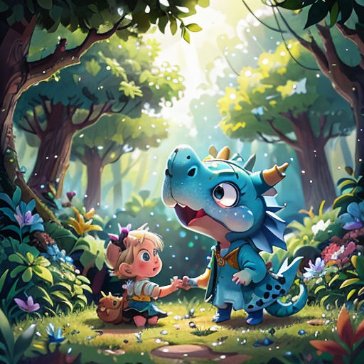a cartoon dragon and a little girl in the woods with trees and flowers behind them, with a light shining on the ground