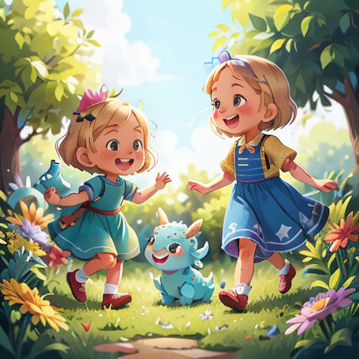 two little girls are playing in the woods with their dogs and a dog is running towards them with a blue dog