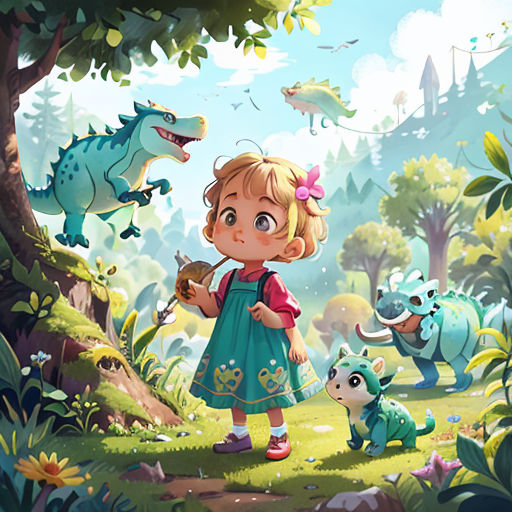 a little girl standing in the middle of a forest with dinosaurs and other animals around her, with a blue sky background