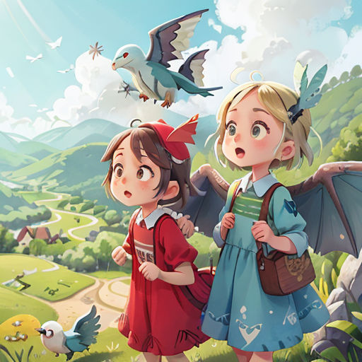 two little girls are standing in the grass with a bird flying above them and a bird flying above them