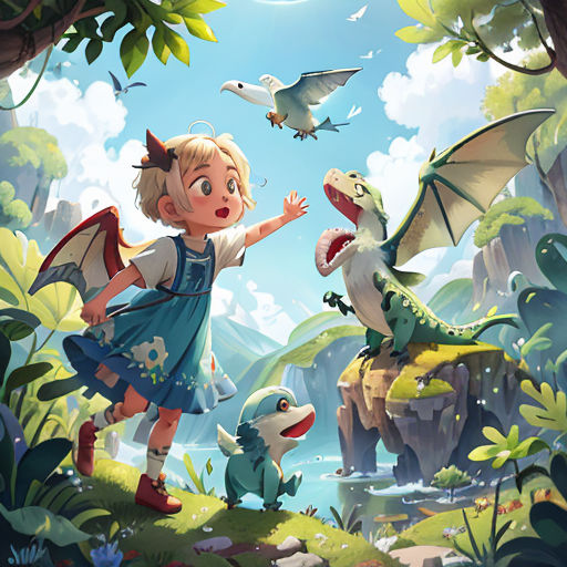 a girl in a blue dress standing in front of a dragon and a bird in a forest with a bird flying over her