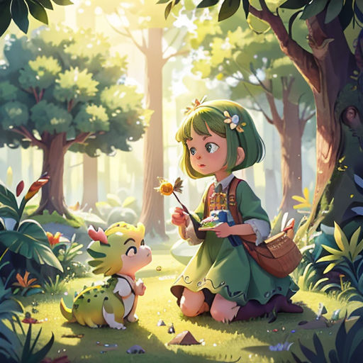a little girl sitting on the ground next to a little dragon in a forest with a flower in her hand