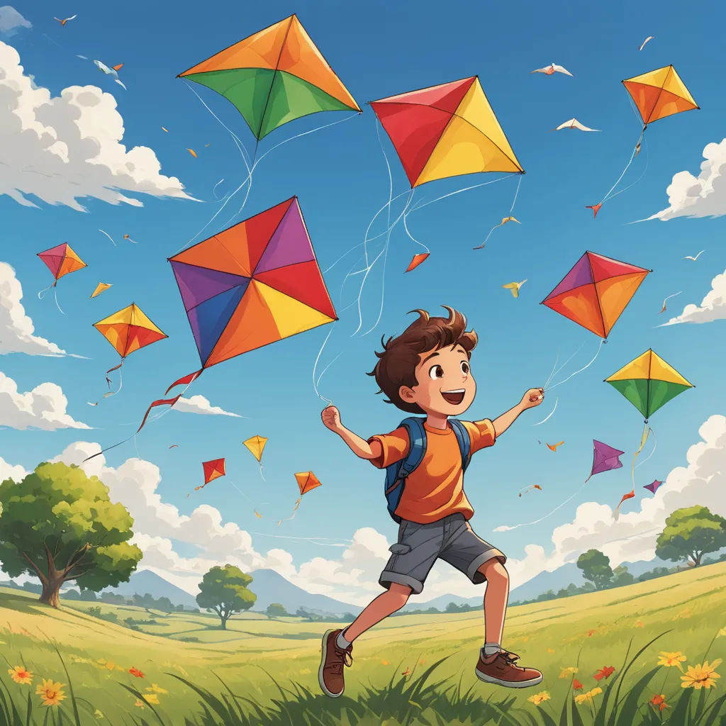 a boy running with kites in the sky above him in a field of grass and flowers, with a blue sky and clouds behind him, naive art, a storybook illustration, Diego Gisbert Llorens, 2 d game art