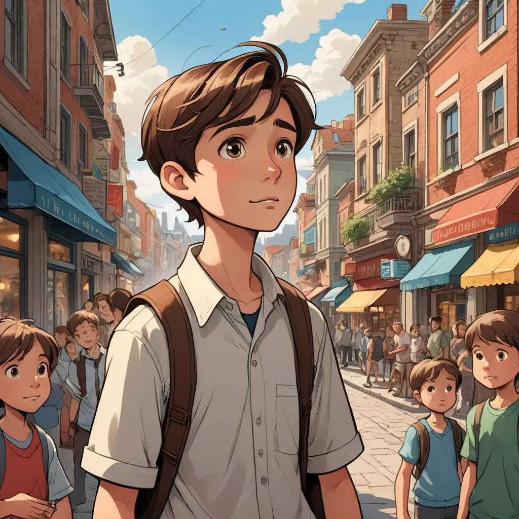 a man standing in front of a crowd of people on a street with buildings in the background and a clock on the wall, magical realism, a comic book panel, Cliff Childs, rossdraws global illumination