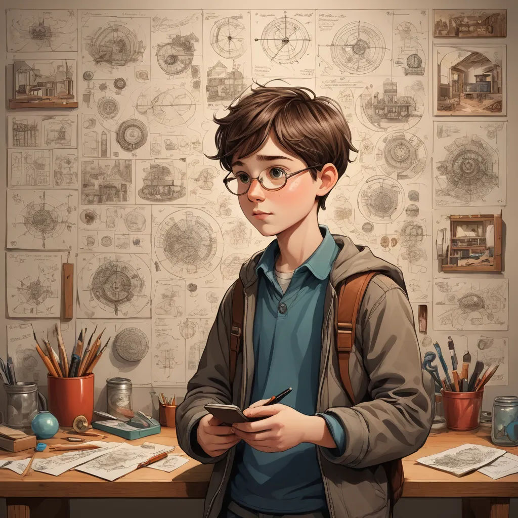 a boy in glasses is standing in front of a desk with a phone and books on it, and a lot of drawings on the wall behind him, photorealism, a character portrait, Alejandro Burdisio, cgstudio