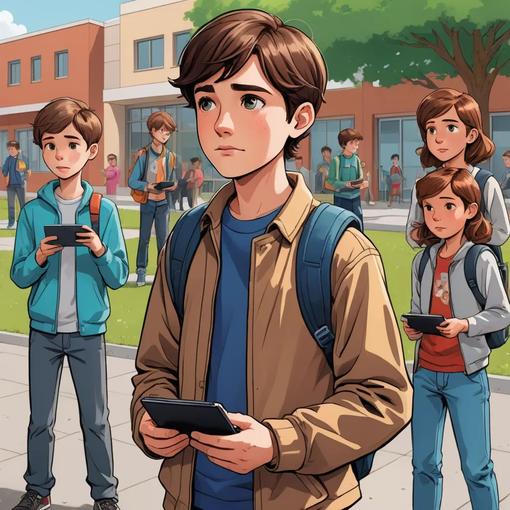 a man standing in front of a group of people holding a tablet computer in his hands and looking at the screen, vancouver school, a comic book panel, Adam Rex, graphic novel