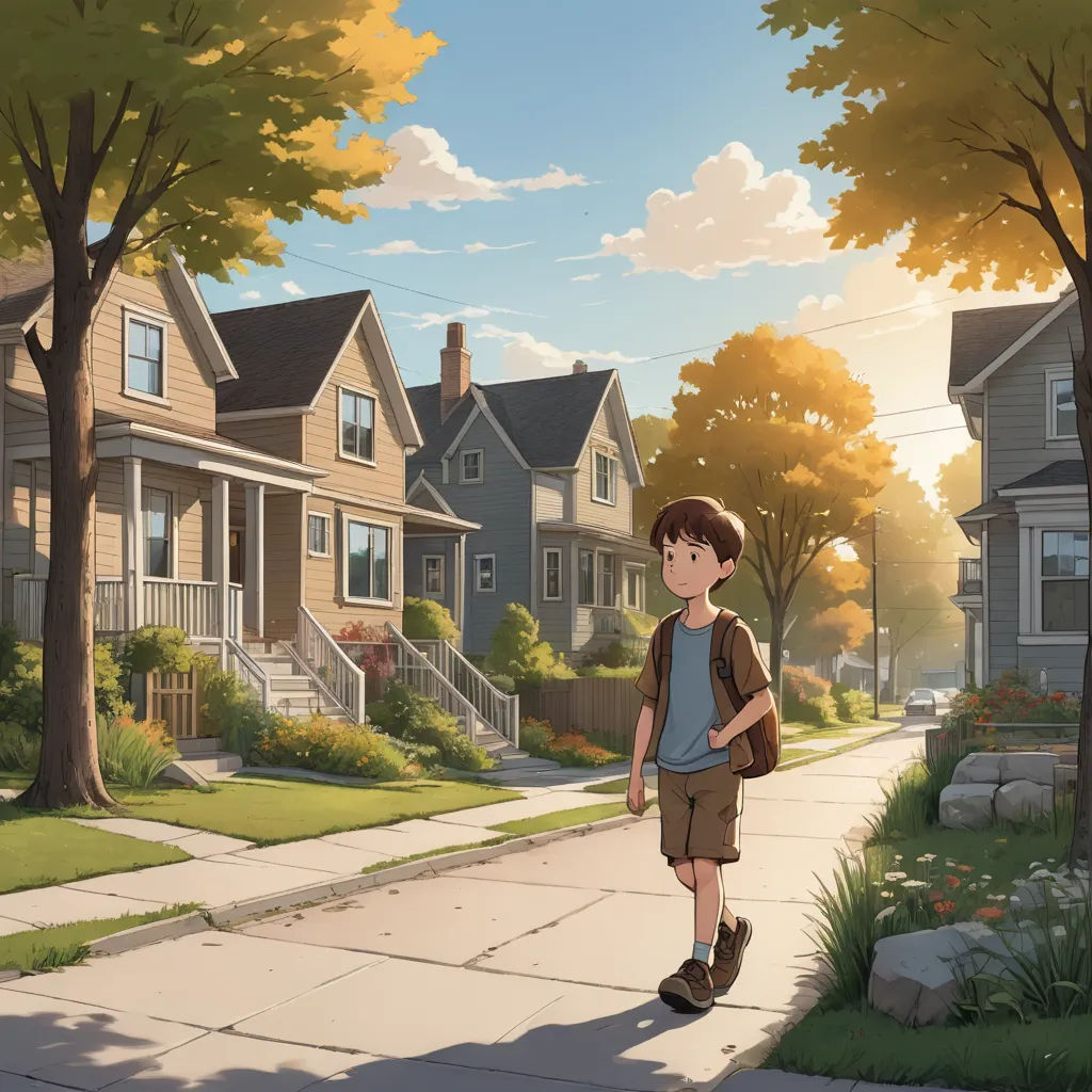 a boy walking down a street in front of a house with a backpack on his back and a dog on his leash, american scene painting, a storybook illustration, Cliff Childs, official art