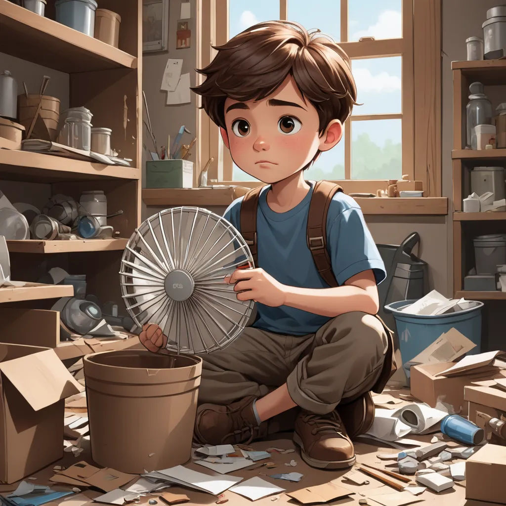 a boy is holding a fan in a messy room with boxes and other items on the floor and a window, photorealism, a storybook illustration, Alejandro Burdisio, rossdraws global illumination