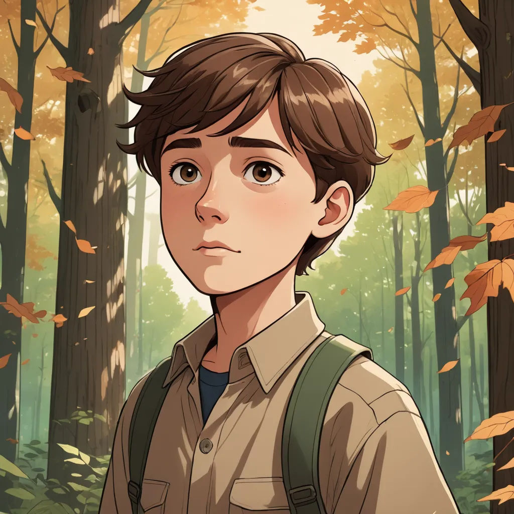 a boy in a forest with leaves on the ground and trees in the background, with a backpack on his shoulder, sots art, a character portrait, David Park, official art