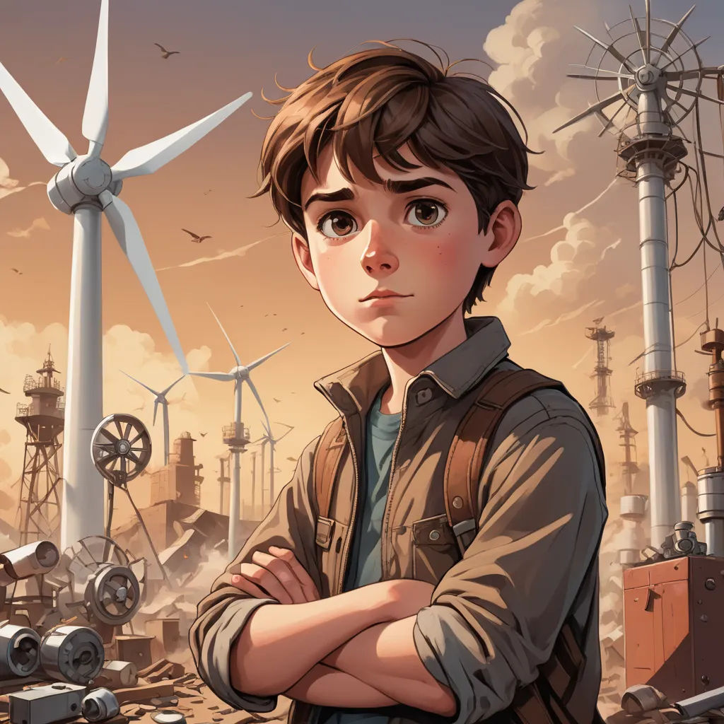a boy standing in front of a wind turbine and a windmill in the background with his arms crossed and his arms crossed, environmental art, a character portrait, Diego Gisbert Llorens, yukito kishiro