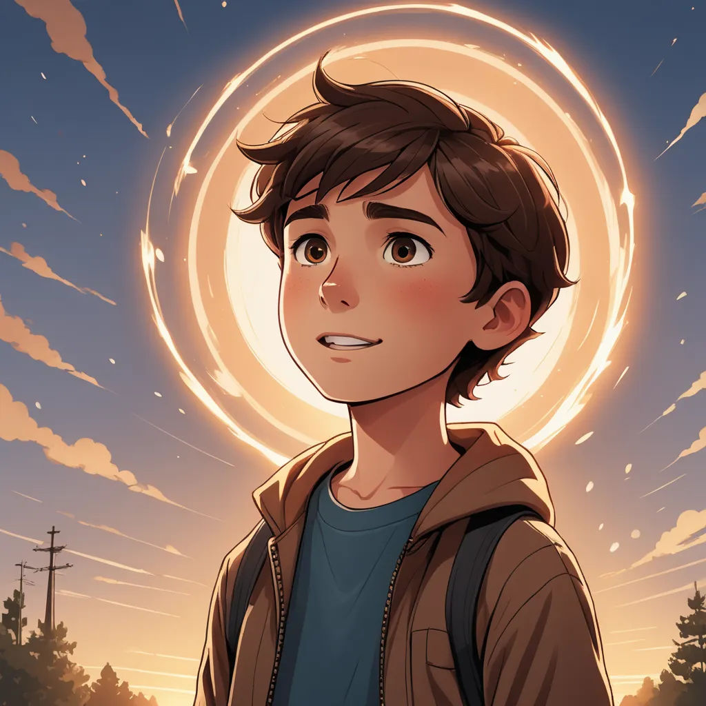 a boy with a backpack standing in front of a sun and clouds background with a full moon in the sky, light and space, a comic book panel, Aaron Jasinski, rossdraws global illumination