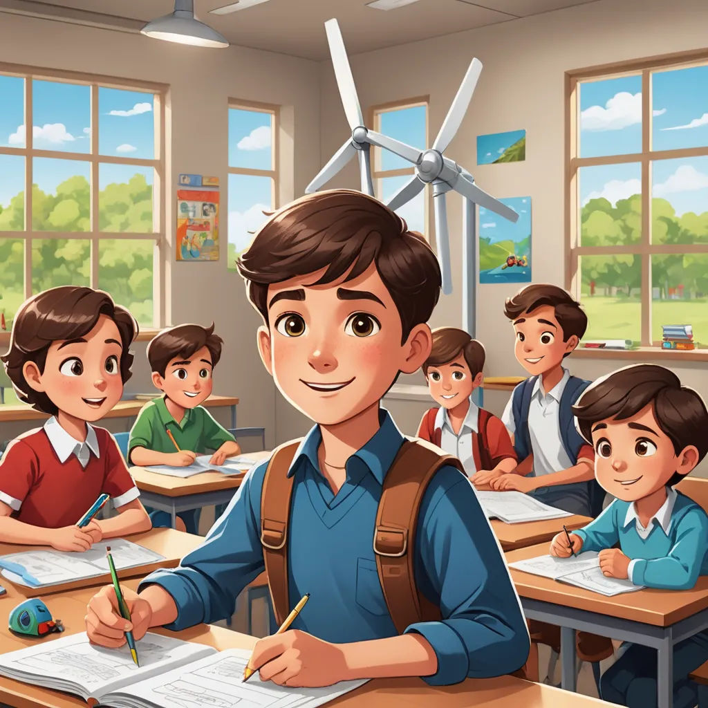 a boy is writing in a classroom with other children in the background and a wind turbine in the background, danube school, a storybook illustration, Diego Gisbert Llorens, official art