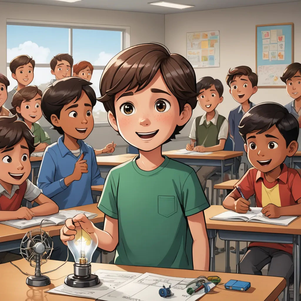 a boy standing in front of a class of children with a lamp in his hand and a book in his other hand, vancouver school, a storybook illustration, Diego Gisbert Llorens, official art