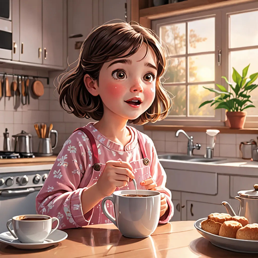 a little girl sitting at a kitchen table with a cup of coffee and a plate of cookies on the table, photorealism, a storybook illustration, Alejandro Burdisio, cgstudio