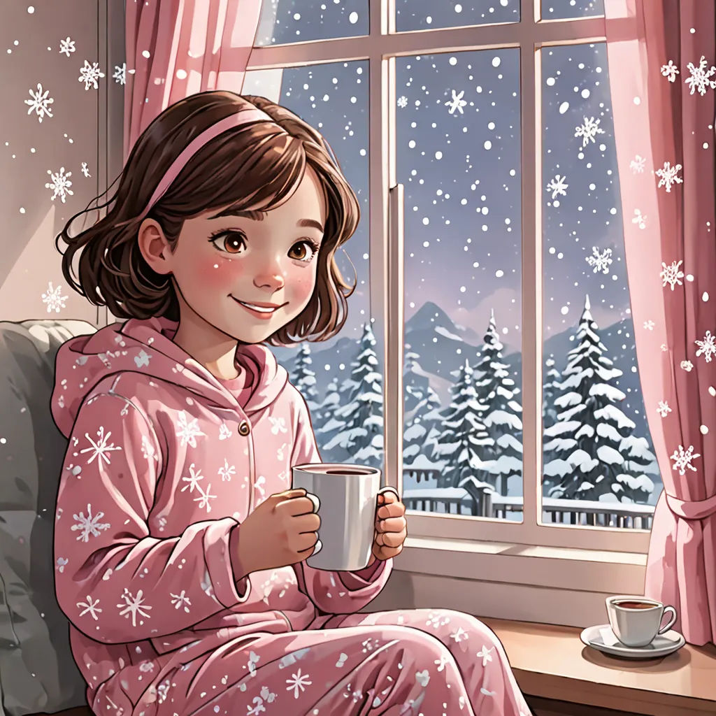 a girl in pajamas is holding a cup of coffee and looking out a window at the snow outside the window, figurative art, a storybook illustration, Cliff Childs, storybook illustration