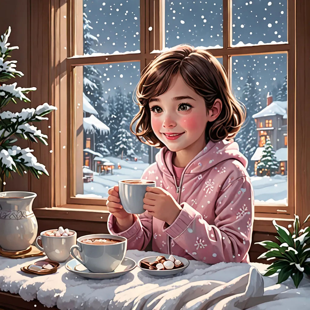 a painting of a girl drinking coffee in front of a window with a snowy scene outside the window and a christmas tree, naive art, a storybook illustration, Evgeny Lushpin, storybook illustration