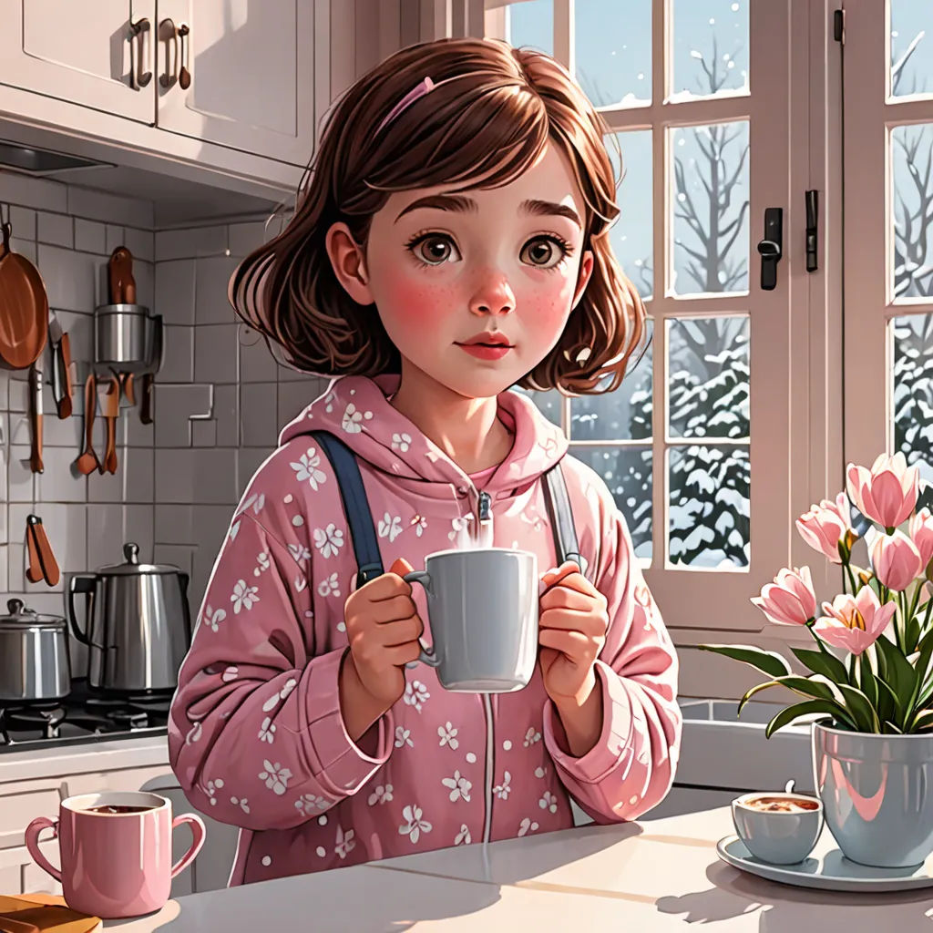 a painting of a girl holding a cup of coffee in a kitchen with a pot of flowers on the counter, photorealism, a storybook illustration, Atey Ghailan, cgstudio